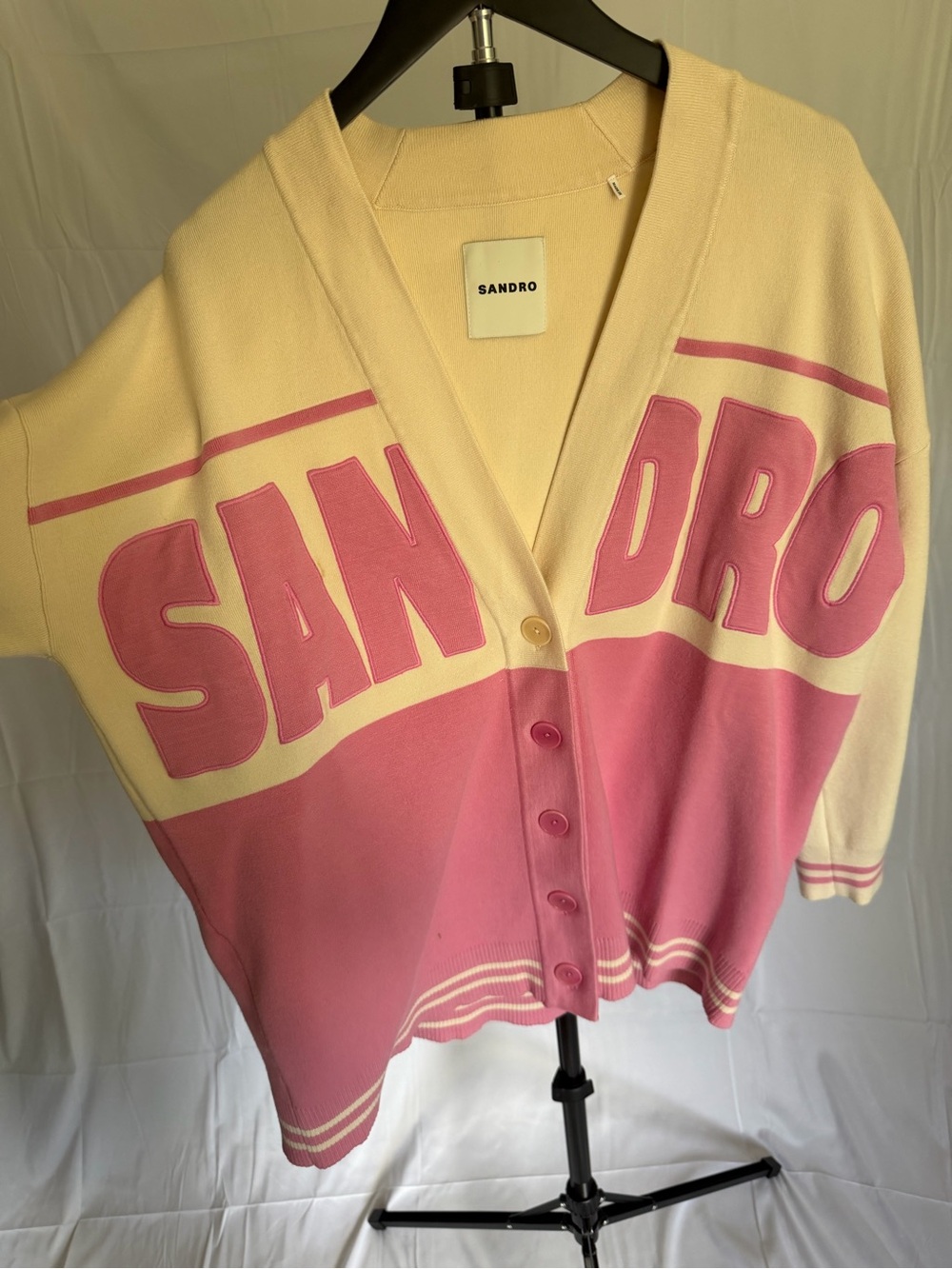 Sandro Cream and Pink Logo Button-Front Cardigan- size 2 / medium